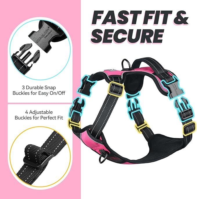 VIVAGLORY Dog Harness Easewalk No Pull Dog Harness with Handle Front Clip & Back Clip for Training Walking Lifting, No Pull Adjustable Easy On Padded Comfortable for Pet, XL, Pink - Plain