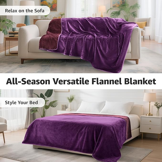 LOOBANI Waterproof Blanket for Bed: Reversible Soft Flannel Queen Bed Blanket 80" x 90", Waterproof Dog Blankets for Large Dogs, Spill-Proof Cover for Furniture Protection, Movie Time, Purple