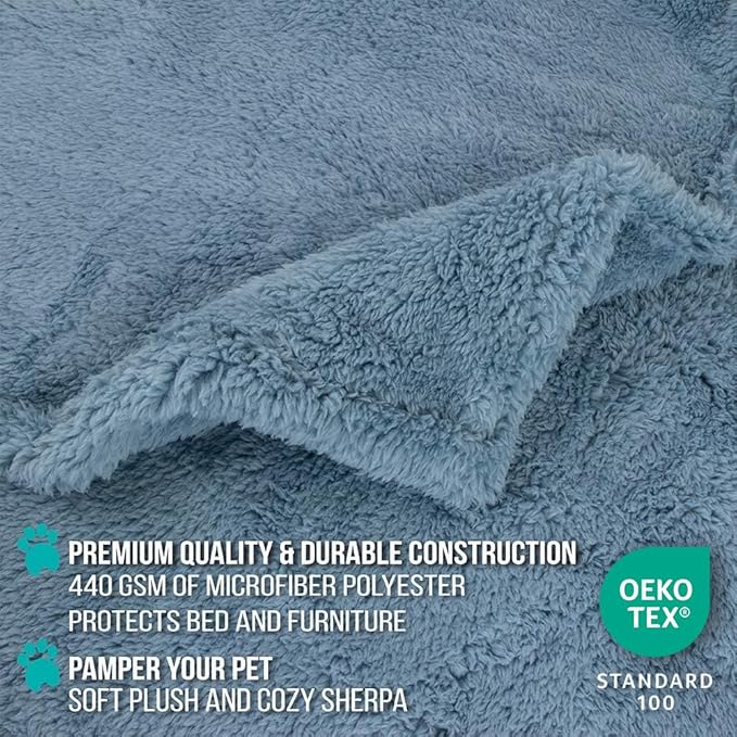 PetAmi Fluffy Waterproof Dog Blanket for Bed Large Dogs, Soft Warm Pet Sherpa Throw Pee Proof Couch Cover, Reversible Cat Blanket Sofa Crate Kennel Protector, Washable Mat Queen (Dusty Blue, 90x90)