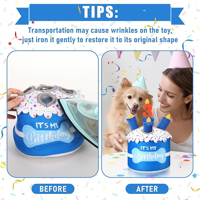 Dog 3rd Birthday Cake Toy Squeaky Interactive Dog Toy Hide and Seek Plush Dogs Puzzle Puppy Toys for Boredom Keep Them Busy for Small Medium Dogs(Blue)
