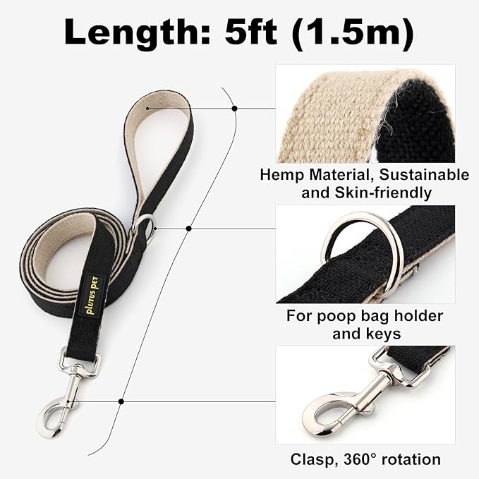 Plutus Pet Cotton Hemp Dog Collar and Leash Set, Adjustable Collar for Small, Medium, and Large Dogs, Heavy Duty and Soft on Skin, Black, L
