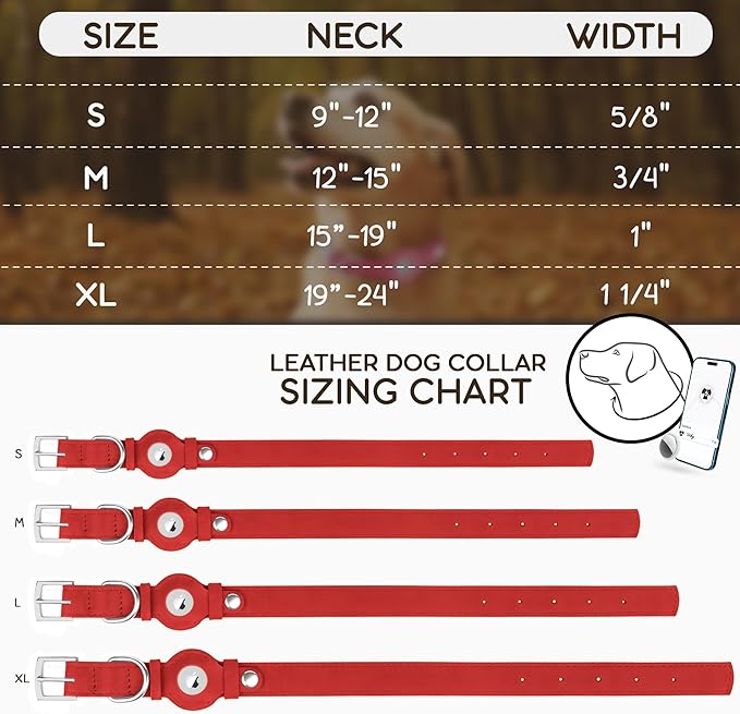 Leather Dog Collar with Airtag Holder - Apple Air Tag Dog Collars - Soft Tracking GPS Pet Collar for Small Medium Large Dogs Breed Puppy (Red, L, 15"-19" Neck Fit)