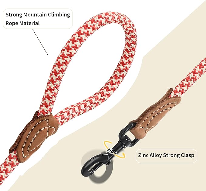 Mile High Life | Mountain Climbing Dog Rope Leash with Heavy Duty Metal Sturdy Clasp | Genuine Leather Tailored Connection with Strong Stitches (Red Khaki1, 72 Inch (Pack of 1))