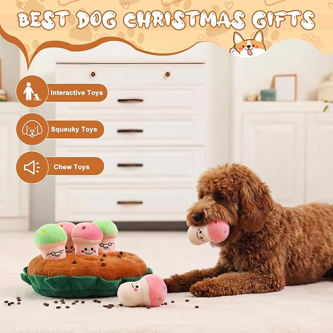 Skylety 7 Pcs Interactive Mushroom Dog Toy Set Snuffle Toy with Treat Hiding Puzzle and Squeaky Plush, Durable Vegetable Dog Toys for Small Medium Dogs, Training and Boredom Relief Plaything