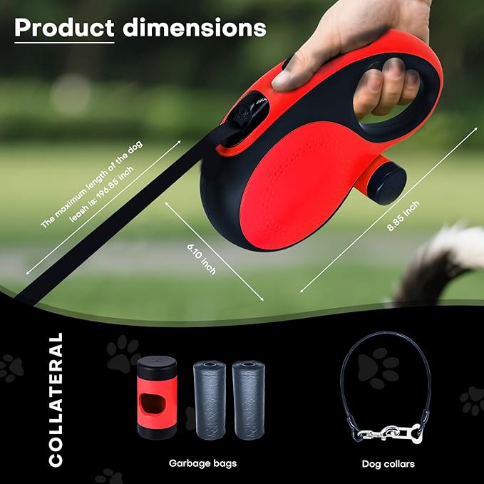 Retractable Dog Leash with Chew Proof Cable,26Ft Heavy Duty Dog Leash for Medium Large Dogs up to 110lbs,360°No Tangle,One-Handed Brake,Pause,Lock(Red)