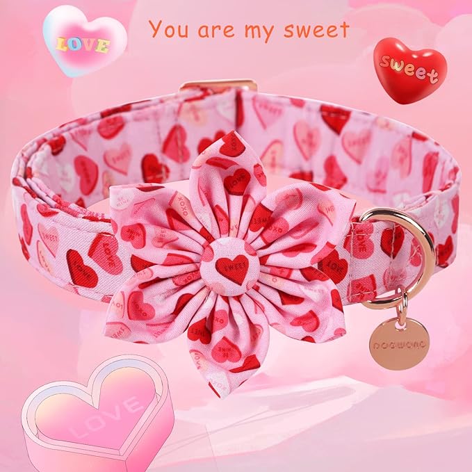 DOGWONG Valentine's Dog Collar with Flower - Pink Heart Adjustable Cotton Heart Dog Collar - Perfect for Small, Medium, Large Dogs