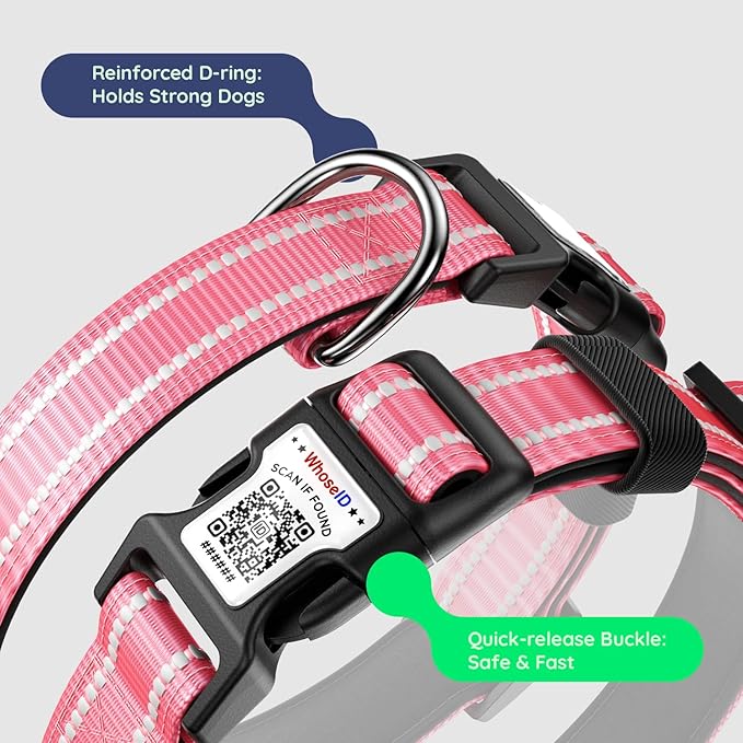 Airtag Dog Collar, Reflective Ultra-Durable Nylon Padded with QR Code Buckle & IP68 Waterproof Air Tag Holder Compatible for Apple AirTag, Comfortable for Small Medium Large Dogs(Hot Pink,M)