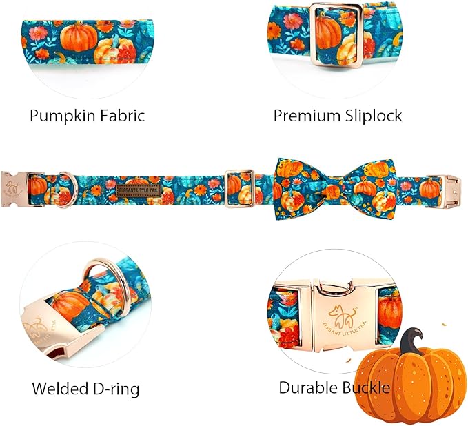 Elegant little tail Fall Dog Collar, Halloween Pet Collars with Bow Cute Pumpkin Print Puppy Collar Female or Male Cotton Adjustable Collars for Small Medium Large Dogs