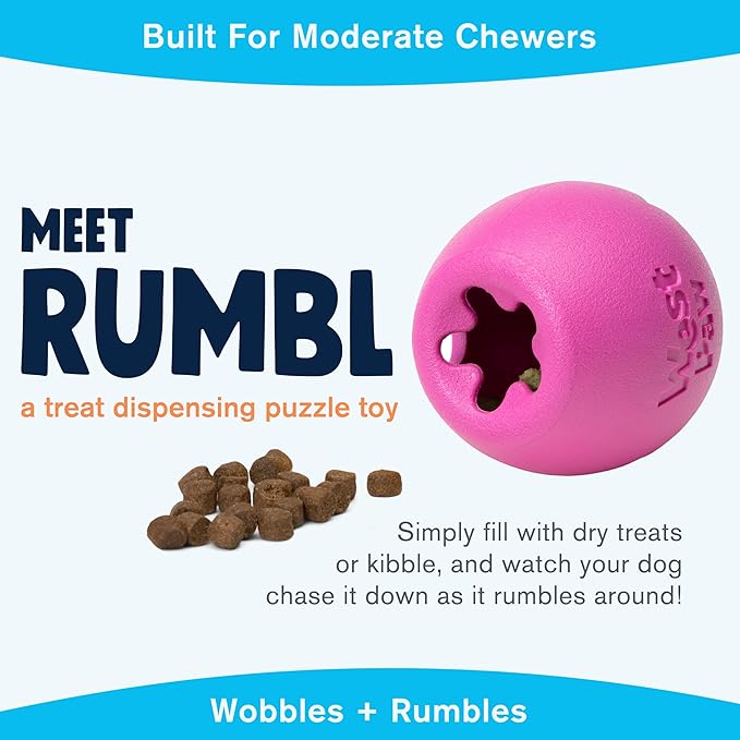 WEST PAW Zogoflex Rumbl Treat-Dispensing Dog Toy – Interactive Slow-Feeder Chew Toys for Dogs – Dog Enrichment Toy – Dog Toy for Moderate Chewers, Fetch, Catch – Holds Kibble, Treats (Hot Pink, Small)