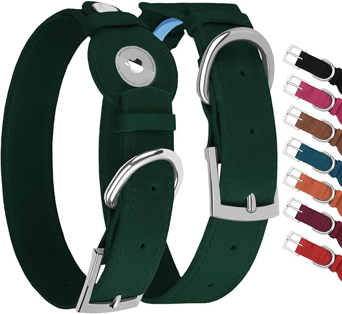 Leather Dog Collar with Airtag Holder - Apple Air Tag Dog Collars - Soft Tracking GPS Pet Collar for Small Medium Large Dogs Breed Puppy (Green, M, 12"-15" Neck Fit)
