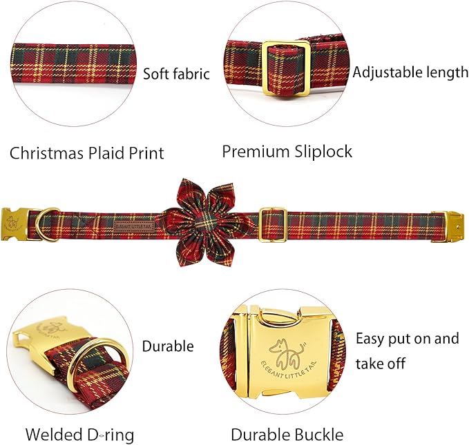 Elegant Little Tail Dog Collar with Red Plaid Christmas Pattern, Flower Dog Collar for Small Dogs