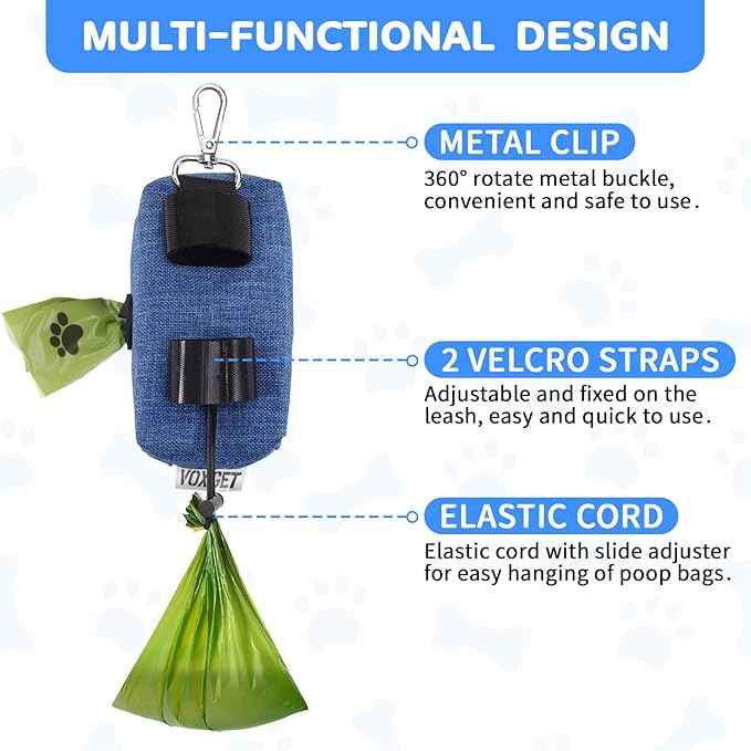 Dog Poop Bag Holder for Leashes, Puppy Treat Pounch Carrier with 2 Zipper Pockets and Clip for Pets Training, Dog Waste Bag Dispenser with 1 Roll Poop Bags for Walking Accessories (Blue)