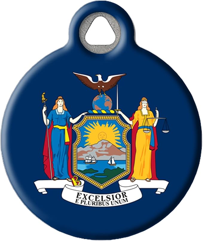 Dog Tag Art New York State Flag Personalized Pet ID Tag for Dogs and Cats, Silent Polymer Coated Stainless Steel New York Nametag - Large 1.25" Diameter