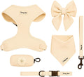 Large Dog Harness Set – Cute No Pull, All Weather, Breathable Harness and Leash Set with Collar, Bandana, Sailor Bow & Poop Bag Holder – Adjustable, Soft & Stylish – Cream Hearts on Jacquard Fabric