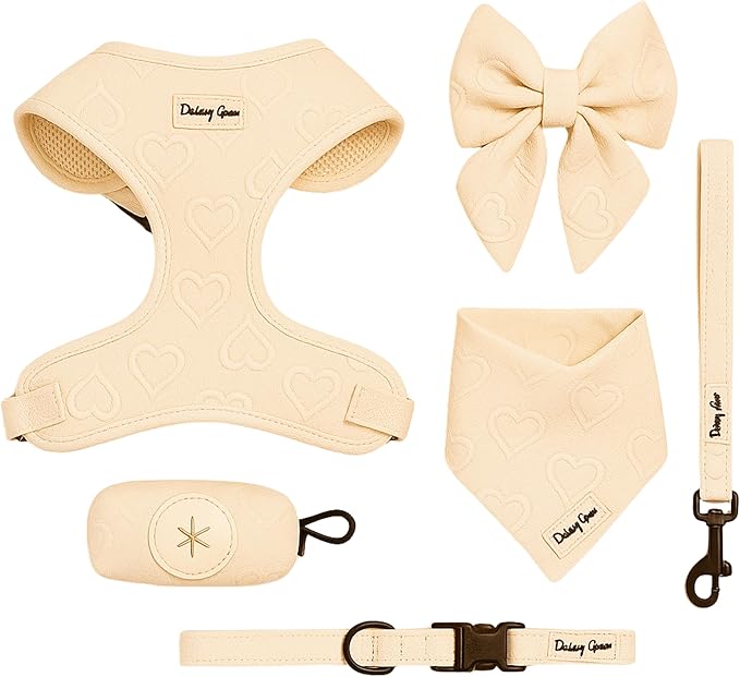 Medium Dog Harness Set – Cute No Pull, All Weather, Breathable Harness and Leash Set with Collar, Bandana, Sailor Bow & Poop Bag Holder – Adjustable, Soft & Stylish - Cream Hearts on Jacquard Fabric