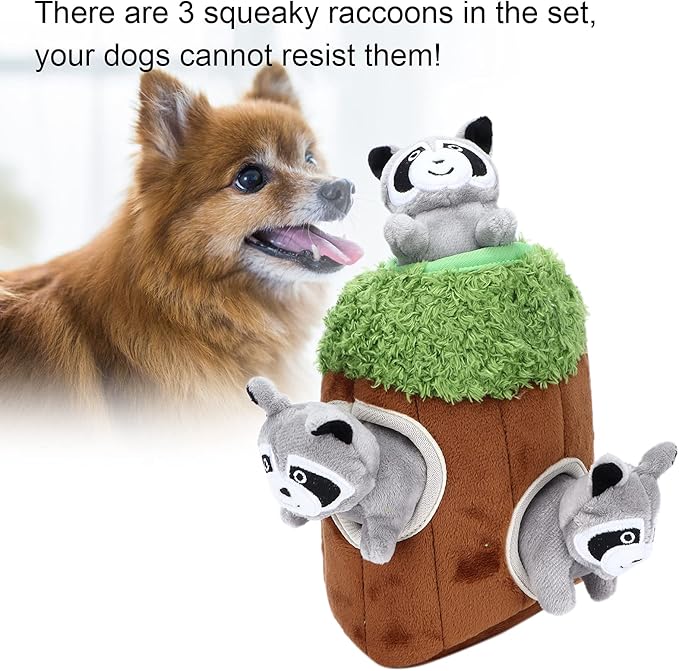 Cyrank Hide and Seek Dog Toy, Raccoon Tree House Dog Puzzle Toys Squeaky Plush Dog Game Toys Funny Dog Toy for Puppy and Small Dog