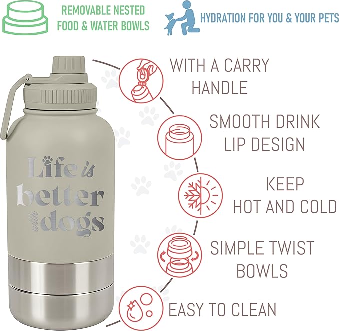 TEEAMORE Life is Better With Dogs Water Tumbler with Bowls Personalized Stainless Steel Travel Bottle White