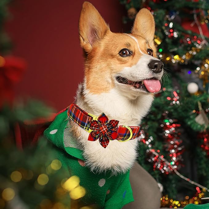 Elegant little tail Christmas Dog Collar, Winter Christmas Plaid Pet Collars Flower Red Metal Buckle Collar Puppy Girl Boy Holiday Cotton Soft Flower Adjustable Dog Collar for Medium Dogs