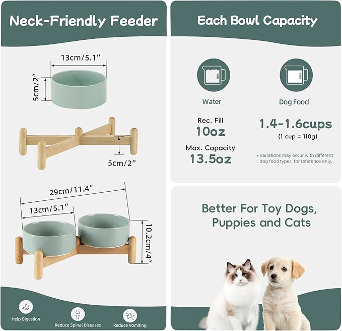 Ceramic 5.1inch Raised Double Bowls Set with Wooden Stand, Elevated Food & Water Bowls for Small Breed Dogs, Cats, Kitty, Weighted Dog Dishes, Pet Bowls(13.5oz, Light Green)