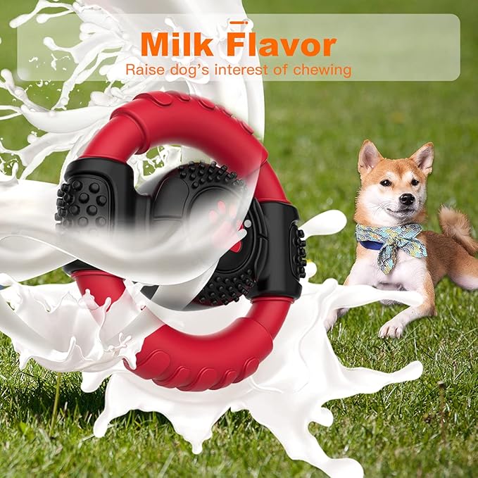 Chew Toy, Nylon Rubber Steering Wheel Shape Indestructible Dog Squeaky Toys for Small，Large and Medium Dogs, Dog Teeth Cleaning, Milk Flavor, 5.9 inches