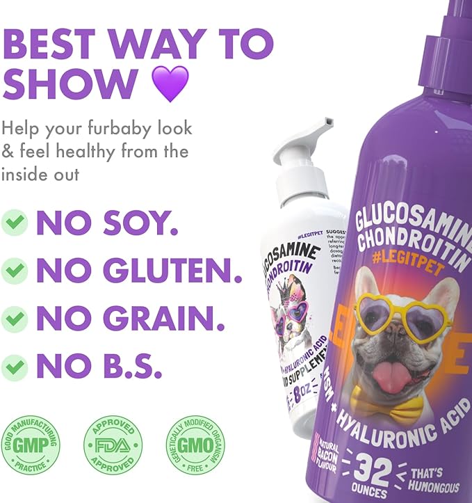 Liquid Glucosamine for Dogs Bacon Flavour with Chondroitin, MSM & Hyaluronic Acid K9 Supplement Hip and Joint Formula Advanced Mobility Joint Pain Relief Senior Advanced Supplement for All Breeds