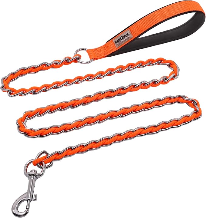 Chain Dog Leash Chew Proof Metal Leash for Medium Large Dogs, Chain Link Dog Anti Chew 5.2FT / 4FT Strong Anti Bite Comfortable Soft Padded Handle (Orange, 4FT(5-30lb))