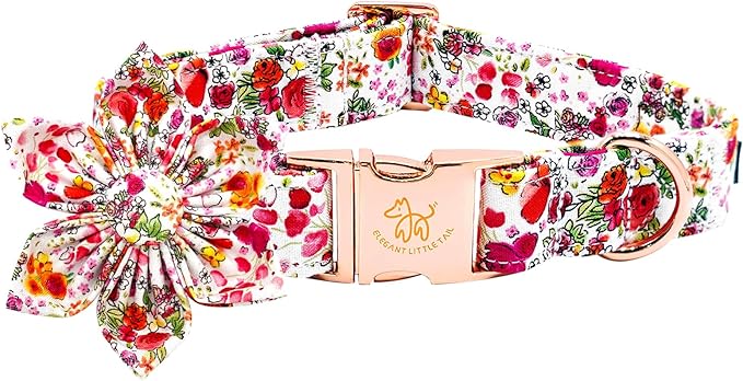 Elegant little tail Dog Collar with Flower, Pink Rose Print Pet Collar Flower Pet Collars Summer Cute Adjustable Dog Collars for Small Dogs
