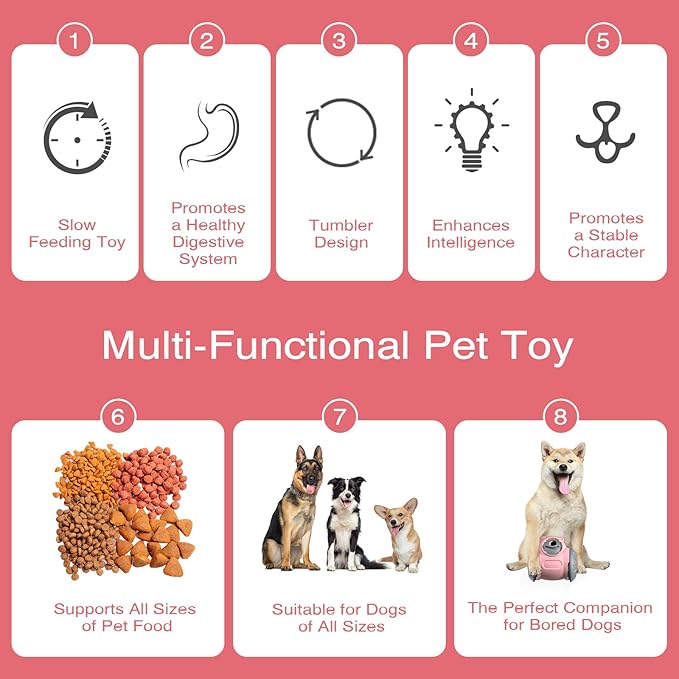 1pcs Interactive Dog Dispenser Toy - Premium Food for Smart Dogs - Adjustable Food Puzzle for Small Medium and Large Dogs for Large/Medium/Small Aggressive Chewers Breed Pet Cat Color Pink