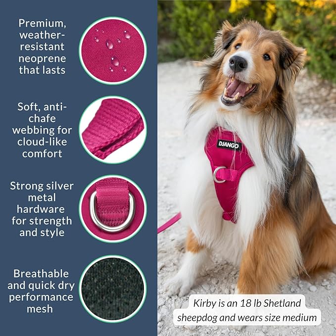 DJANGO Tahoe No Pull Dog Harness – Escape-Proof Dog Harness for Small & Medium with Front & Back Clips for Everyday Use – Adjustable, Padded, Reflective, Secure, Easy On/Off – Hibiscus Pink, Medium