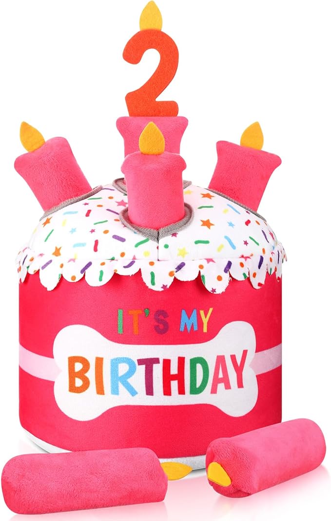 Dog 2nd Birthday Cake Toy Squeaky Interactive Dog Toy Hide and Seek Plush Dogs Puzzle Puppy Toys for Boredom Keep Them Busy for Small Medium Dogs(Pink)