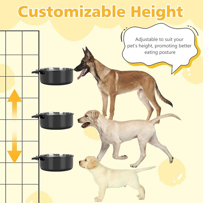Large Dog Crate Water Bowl No Spill, 2 Pack Stainless Steel Dog Bowls for Food and Water, Pet Kennel Hanging Dogs Food Bowls for Medium/Large Dogs and Cats (7.1"x3.7" & 6.3"*2.6", Black)