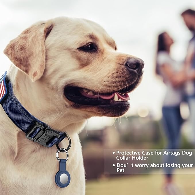DAGANXI Tactical Dog Collar, Adjustable Military Training Nylon Dog Collar with Control Handle and Heavy Metal Buckle for Medium and Large Dogs, with Patches and Airtags Case (Midnight Blue-Set, M)