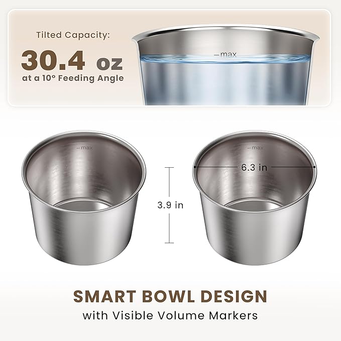 8.9" Tall Elevated Dog Bowls - Ergonomic Stainless Steel Dog Bowls with 10° Tilt in Acacia Wood Stand for Medium Breed