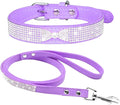 Cute Dazzling Sparkling Elegant Fancy Soft Suede Leather Bling Rhinestone Crystal Jeweled Pet Cat Dog Puppy Collar Dog Leash Combo Set (S(Neck 10-12.5"), Purple-3)
