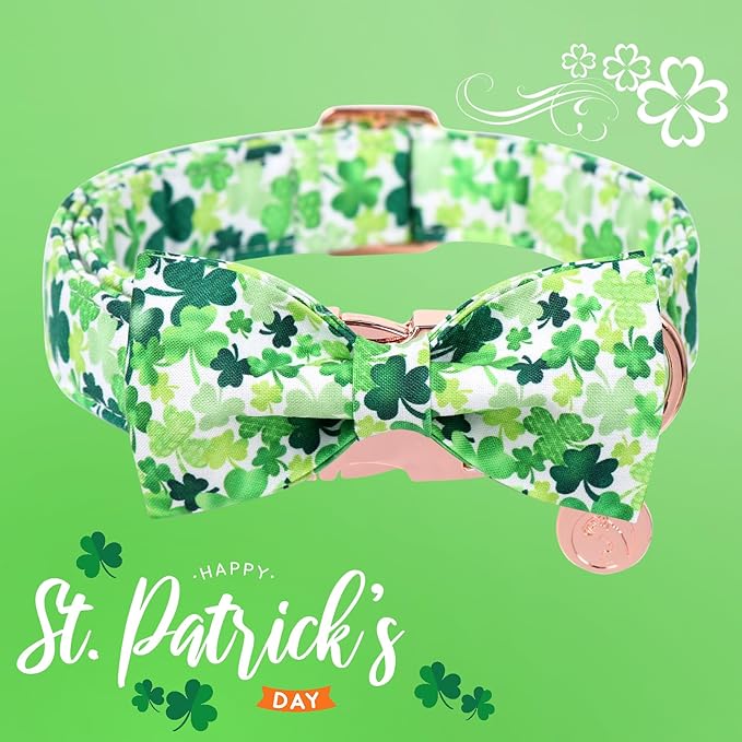 DOGWONG St. Patrick's Day Dog Collar-Cute Clovers Dog Collar with Bow, Cotton Trefoil Bowtie Dog Collars with Metal Buckle for Small Medium Large Dogs