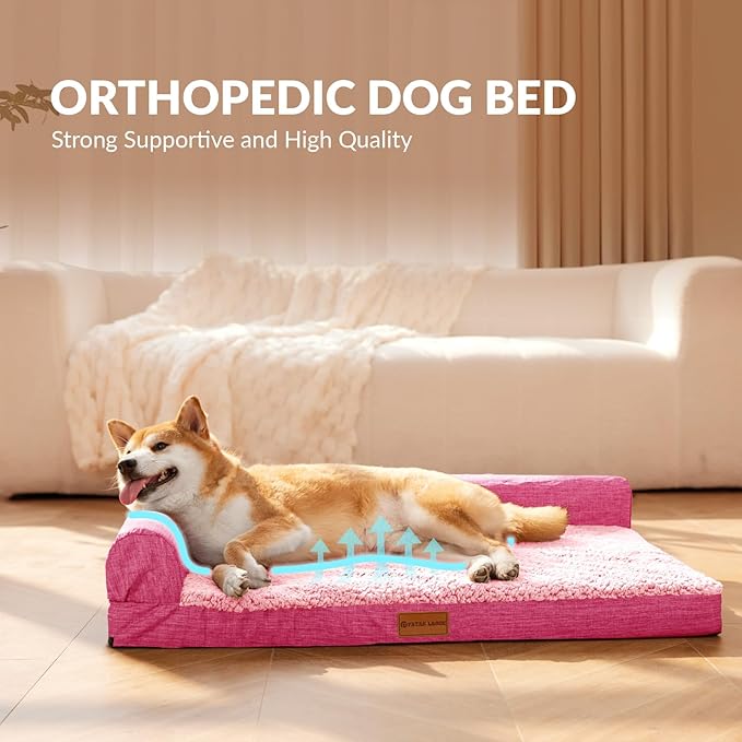 Patas Lague Orthopedic XL Dog Bed Large Sized Dog 42''X28'', Waterproof L Bolster Big Large Pet Sofa Beds with Removable Washable Cover, Soft Comfortable Pet Couch Crate Mat with Nonskid Bottom, Pink