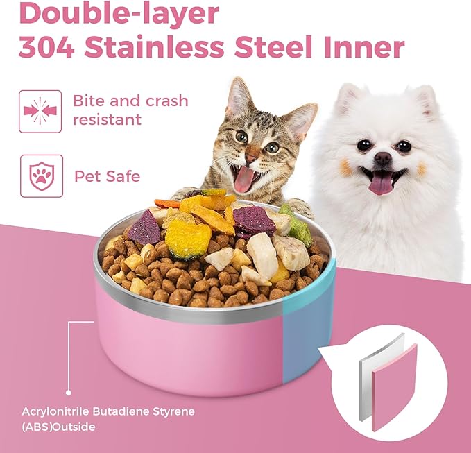 LIHONG Stainless Steel Dog Bowls for Small Medium Sized Dogs Non Slip,Insulated Dog Bowl,Pet Bowl for Food and Water,Rustproof(40oz,Pink)