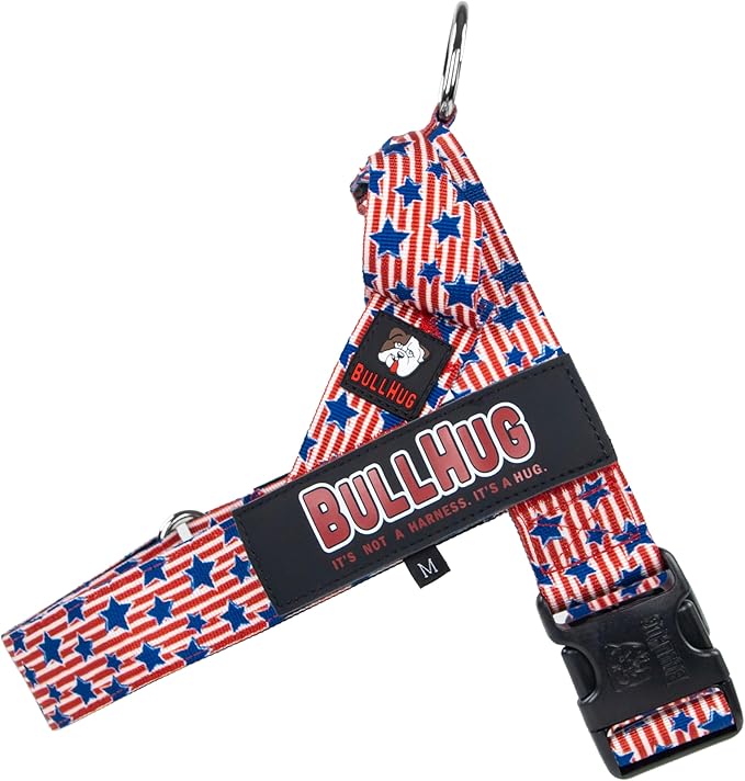 BULLHUG Adjustable Dog Harness– No Pull, No Choke – for English Bulldogs, French Bulldogs, Pugs & Broad-Chested Breeds – Easy, Safe Walks (Star & Strips,Medium)