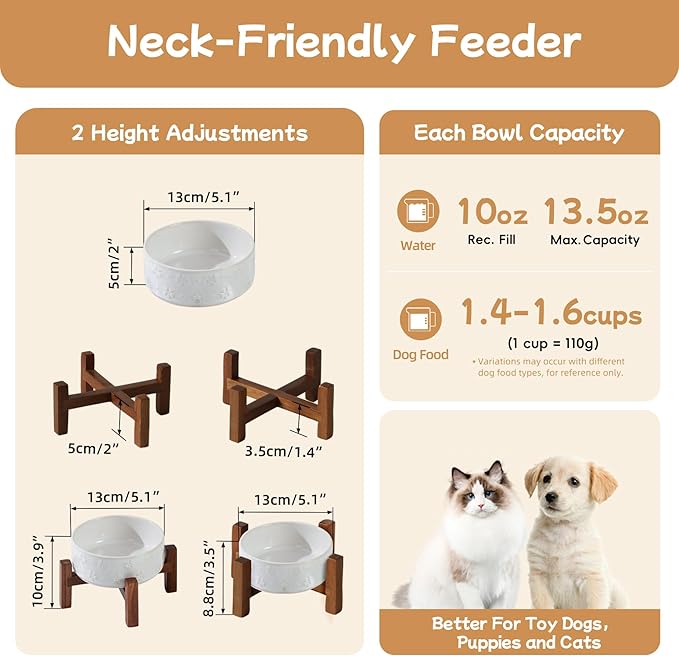 Ceramic 5.1inch Raised Dog and Cat Bowl Set, 2 Heights Elevated Wooden Stand for Puppy, Kitty, Cats, Weighted Pet Food and Water Dishes(5.1'',13.5oz, Arctic White)