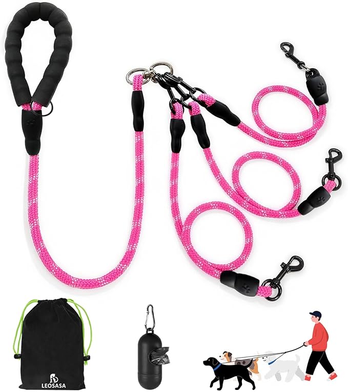 No Tangle 3 Dog Leash - Main Lead Rope with Padded Handle, Three Detachable Leash Splitters, Heavy-Duty Clip, 4.76ft for Walking, Running, Small, Medium, Large Dogs (Pink)