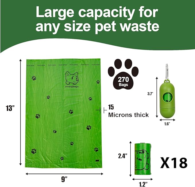 Dog Poop Bags With Dispenser, Strong and Leak-proof Waste Bags for Pets, Floral Scented, 270 Count (18 Packs of 15), 13 Inch x 9 Inch (Green)