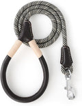 Mile High Life Genuine Leather Wrapped Handle Dog Leash, w Heavy Duty Clasp Rope Leash for Small Medium Large Dogs (Black Beige, 5FT)