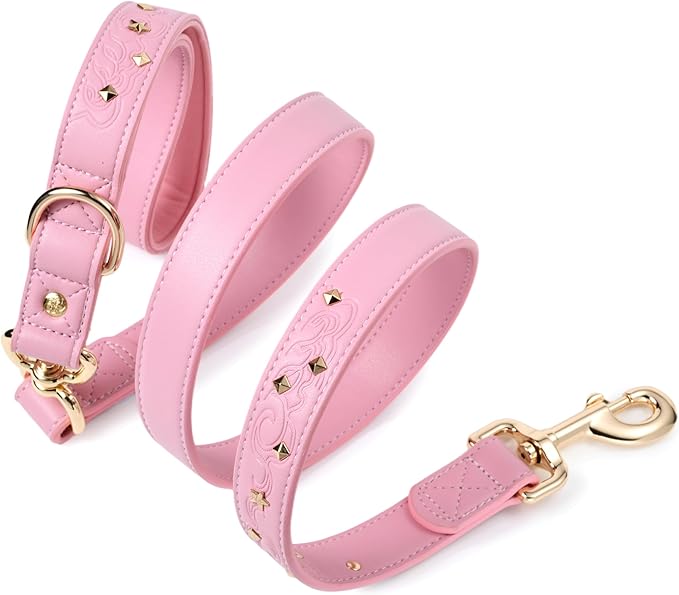 Blueberry Pet Premium Embossed Pink Glam Microfiber Leather Dog Leash with Gold Studs