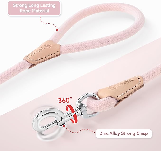Mile High Life Dog Leash, Rope Leash with Genuine Leather Connection and Heavy Duty Metal Clasp, Great for Small Medium Large Dogs(Pink,72 Inch)