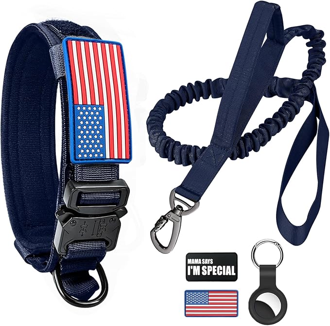 Tactical Dog Collar and Bungee Leash,Military Dog Collar & Leash Set with USA American Flag Adjustable K9 Collar with Heavy Duty Metal Buckle & Handle,with Patches and Airtags Case (Blue, XL)