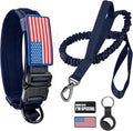 Tactical Dog Collar and Bungee Leash,Military Dog Collar & Leash Set with USA American Flag Adjustable K9 Collar with Heavy Duty Metal Buckle & Handle,with Patches and Airtags Case (Blue, M)