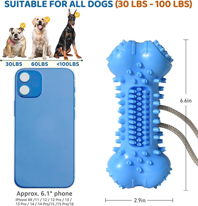 Dog Chew Toy for Aggressive Chewers, Durable Dental Cleaning Treat Toy, Food Dispensing Interactive Toy for Small, Medium & Large Dogs, Teeth Cleaning, Keep Busy, Tough Natural Rubber (Blue)