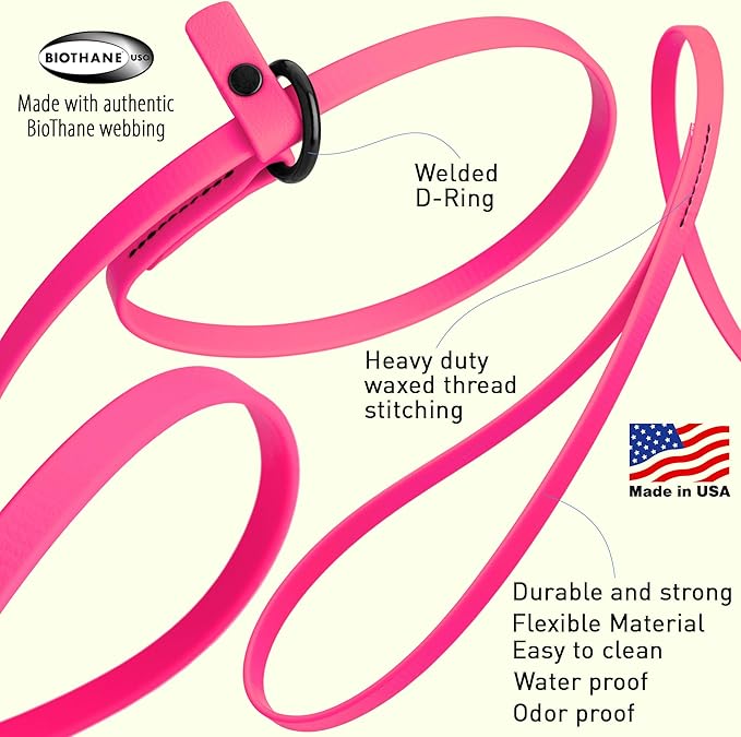Dogline Biothane Slip Dog Leash - for Small, Medium and Large Dogs - Odor Free Slip Lead, Heavy Duty and Durable Material Kennel Lead - Passionfruit Pink - 7ft L x 1/2in W