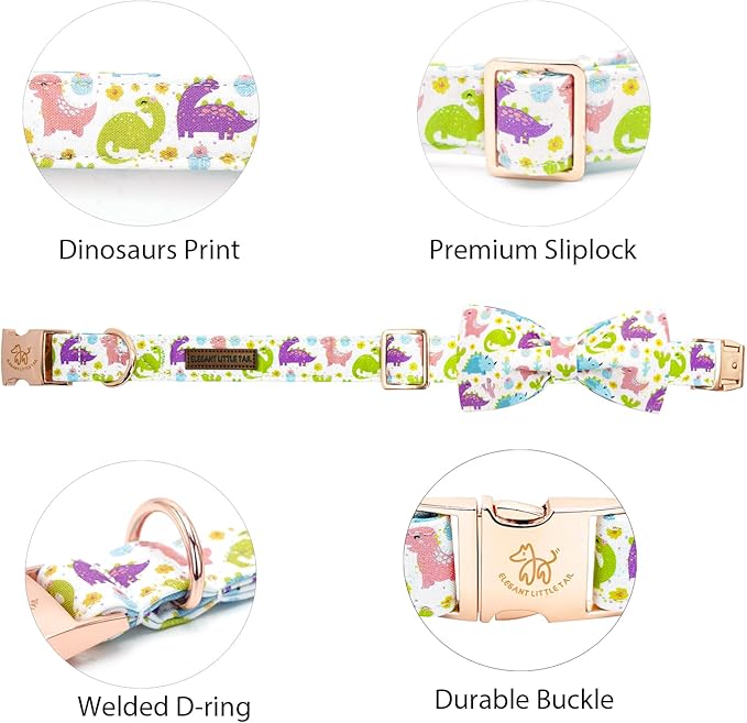 Elegant little tail Dog Collar- Cute Dinosaur Dog Collar with Bow for Small Dogs,Male Adjustable Cotton Summer Pet Bow Holiday Puppy Collar for Small Medium Large Dogs