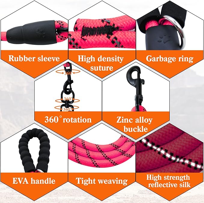 Five Dog Leash No Tangle Triple for 5 Dogs,360 Swivel No Tangle Walking Leash for 5 Dogs with Reflective for Large Medium Small Dogs (Pink, 5 Way)